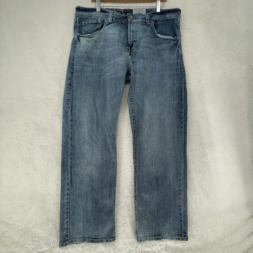 TK Axel Slim Bootcut Jeans Light Wash Distressed Blue Denim 38x32 Mens